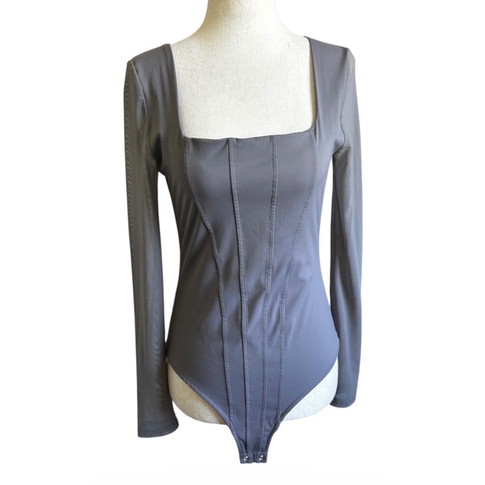 Pinkm Style Women Medium Gray Corset Mesh Long Sleeve Square Neck Bodysuit |0199